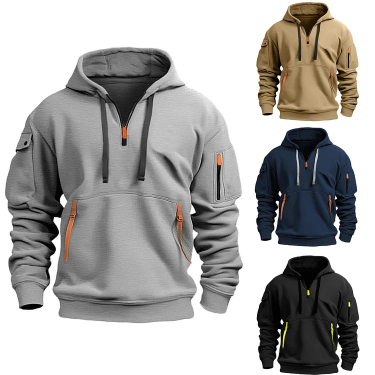 Sweat à capuche homme demi-zip, look moderne et confortable pour toute occasion.