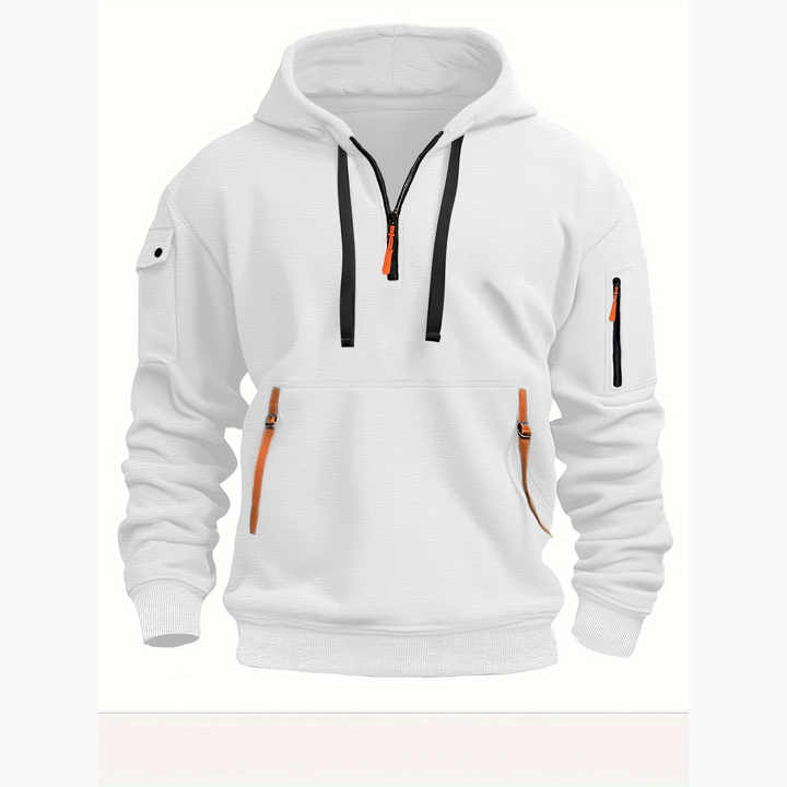 Pull homme confortable avec capuche et demi-zip, idéal pour les saisons automne et printemps.