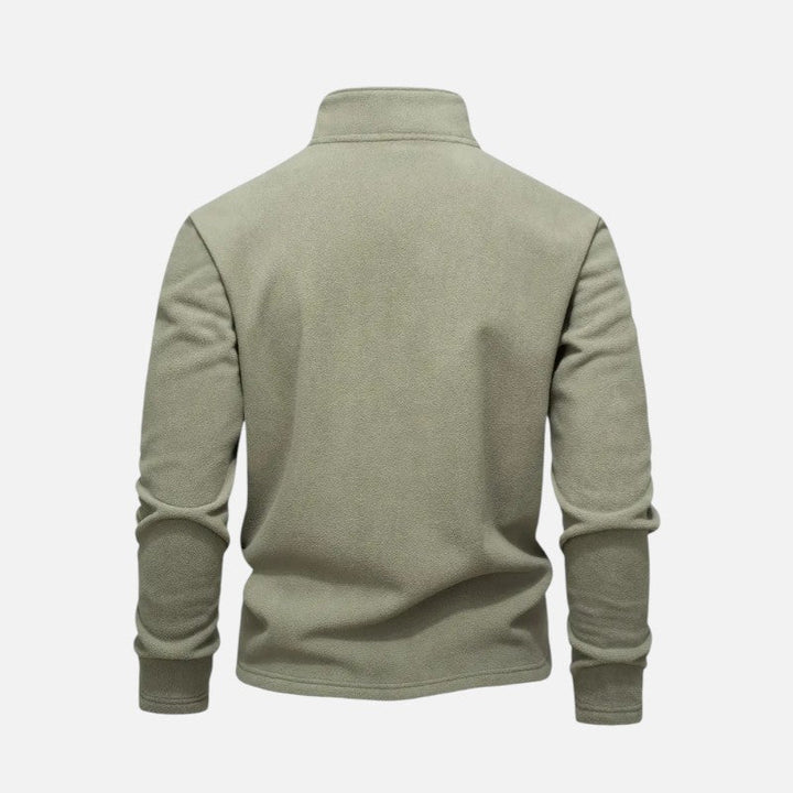 "Sweat-shirt homme à col montant zippé, coupe décontractée, tissu doux beige, idéal pour un style moderne et confortable."