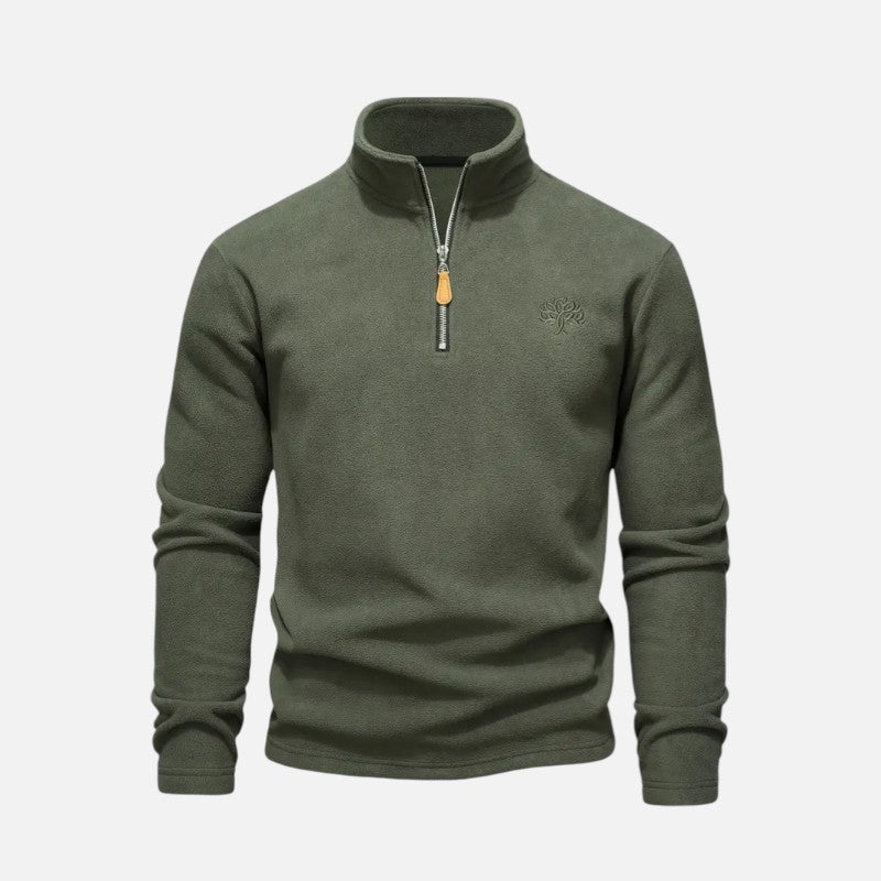 "Sweat-shirt homme à col montant zippé, coupe décontractée, tissu doux beige, idéal pour un style moderne et confortable."