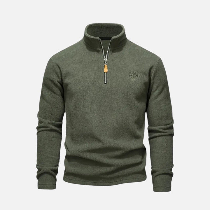 "Sweat-shirt homme à col montant zippé, coupe décontractée, tissu doux beige, idéal pour un style moderne et confortable."