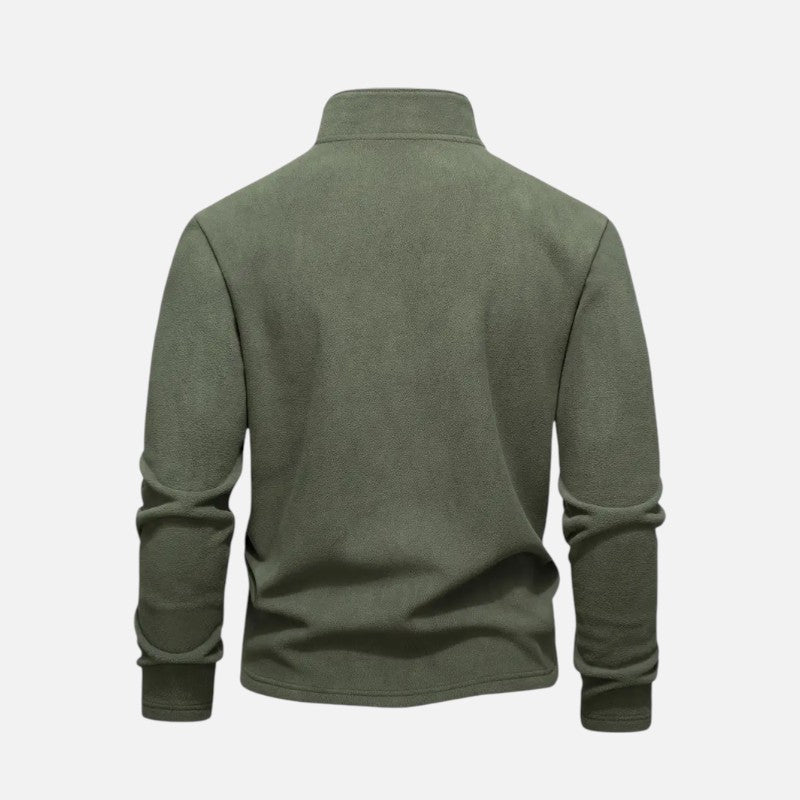 "Sweat-shirt homme à col montant zippé, coupe décontractée, tissu doux beige, idéal pour un style moderne et confortable."