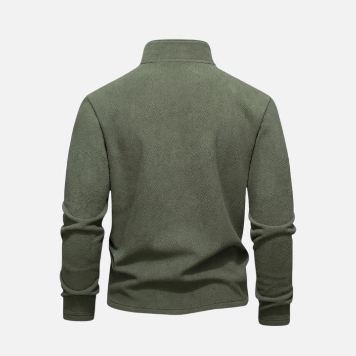 "Sweat-shirt homme à col montant zippé, coupe décontractée, tissu doux beige, idéal pour un style moderne et confortable."