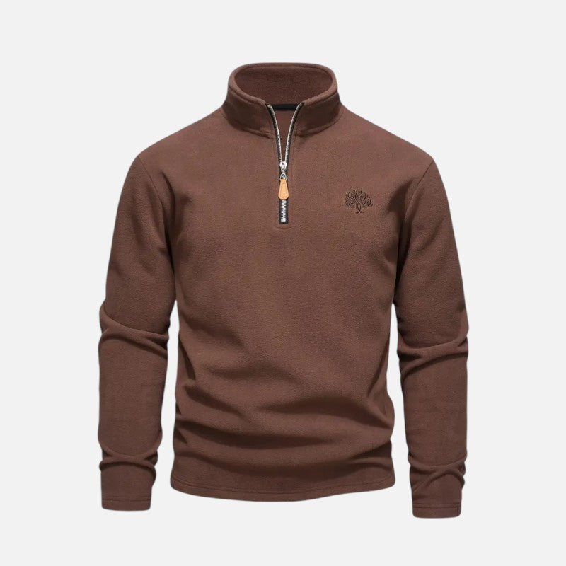 "Sweat-shirt homme à col montant zippé, coupe décontractée, tissu doux beige, idéal pour un style moderne et confortable."