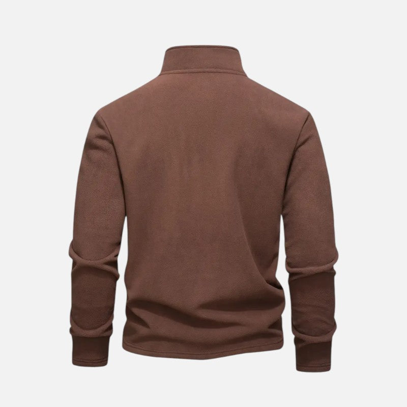 "Sweat-shirt homme à col montant zippé, coupe décontractée, tissu doux beige, idéal pour un style moderne et confortable."