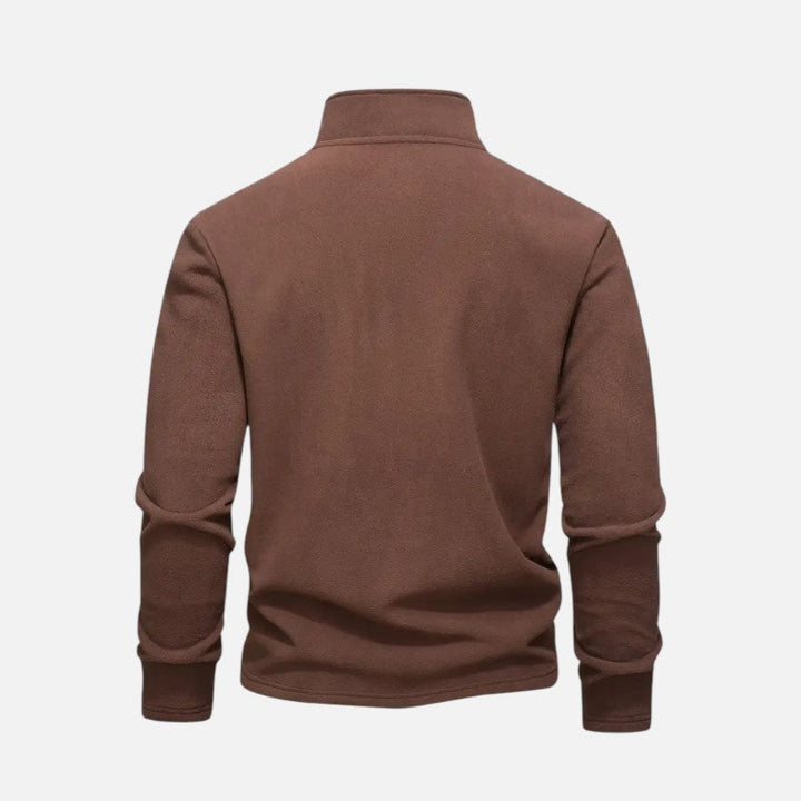 "Sweat-shirt homme à col montant zippé, coupe décontractée, tissu doux beige, idéal pour un style moderne et confortable."