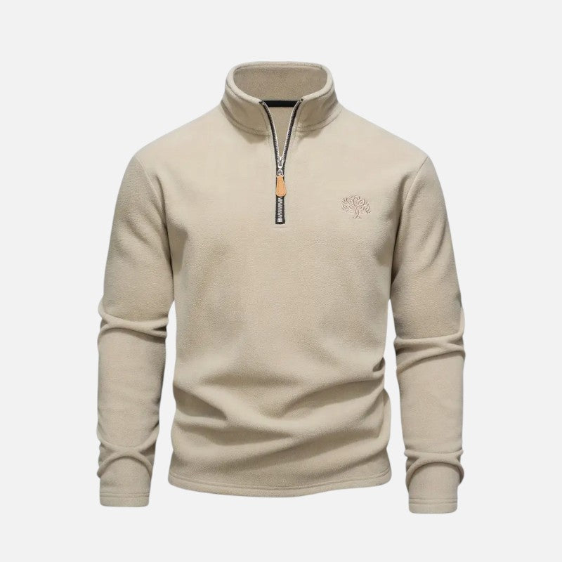 "Sweat-shirt homme à col montant zippé, coupe décontractée, tissu doux beige, idéal pour un style moderne et confortable."