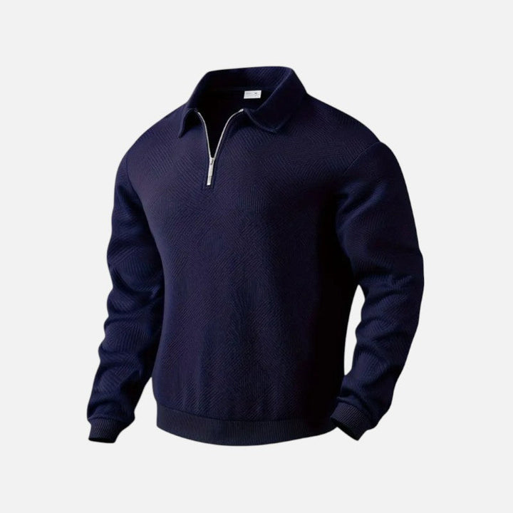 "Sweat-shirt rayé homme col zippé, manches longues, tissu doux et confortable, parfait pour un look décontracté."