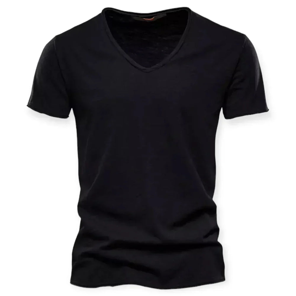 "T-shirt décontracté col en V homme, tissu doux, manches courtes, idéal pour un style élégant et confortable au quotidien."