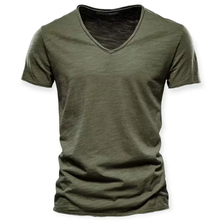 "T-shirt décontracté col en V homme, tissu doux, manches courtes, idéal pour un style élégant et confortable au quotidien."