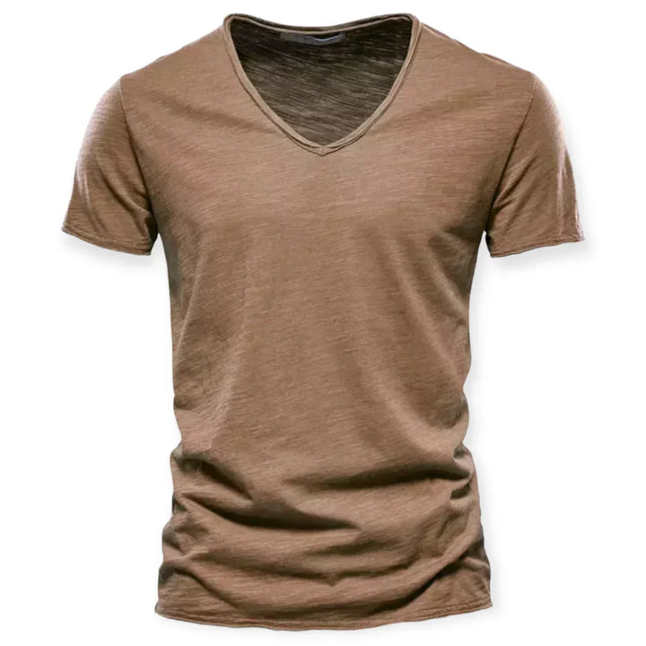 "T-shirt décontracté col en V homme, tissu doux, manches courtes, idéal pour un style élégant et confortable au quotidien."