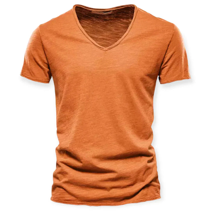 "T-shirt décontracté col en V homme, tissu doux, manches courtes, idéal pour un style élégant et confortable au quotidien."