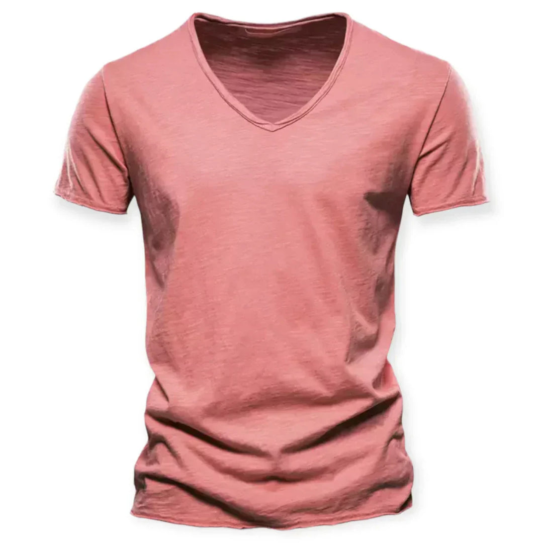 "T-shirt décontracté col en V homme, tissu doux, manches courtes, idéal pour un style élégant et confortable au quotidien."