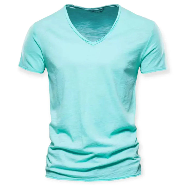 "T-shirt décontracté col en V homme, tissu doux, manches courtes, idéal pour un style élégant et confortable au quotidien."