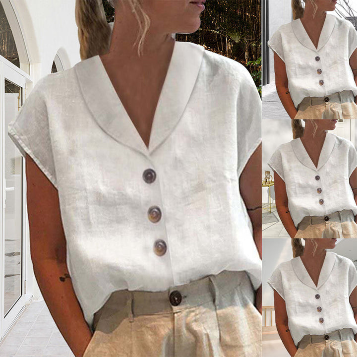 "T-shirt femme élégant en coton et lin, manches courtes, couleur unie, confort et style, disponible en plusieurs teintes."