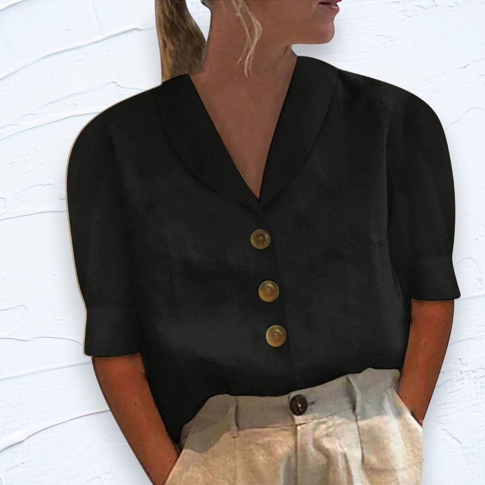 "T-shirt femme élégant en coton et lin, manches courtes, couleur unie, confort et style, disponible en plusieurs teintes."