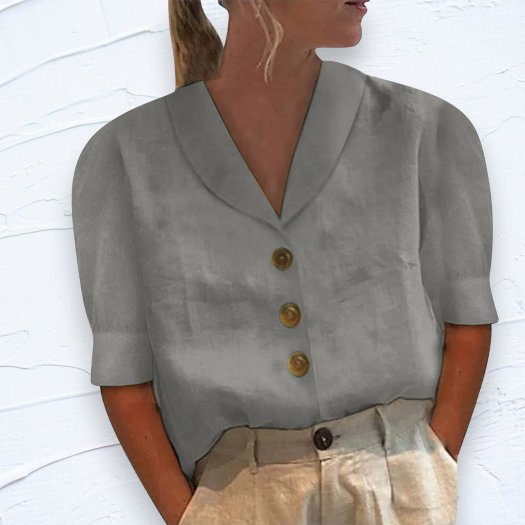 "T-shirt femme élégant en coton et lin, manches courtes, couleur unie, confort et style, disponible en plusieurs teintes."