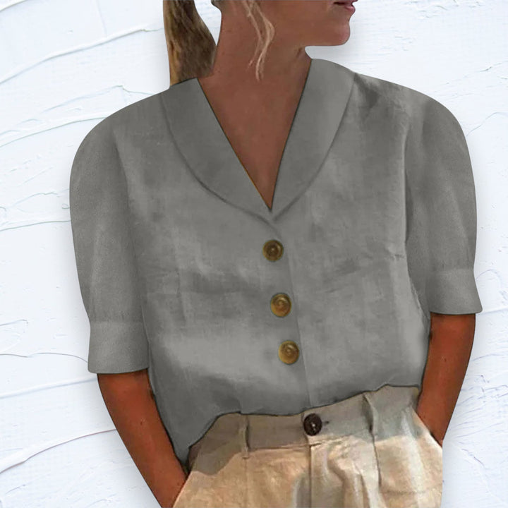 "T-shirt femme élégant en coton et lin, manches courtes, couleur unie, confort et style, disponible en plusieurs teintes."