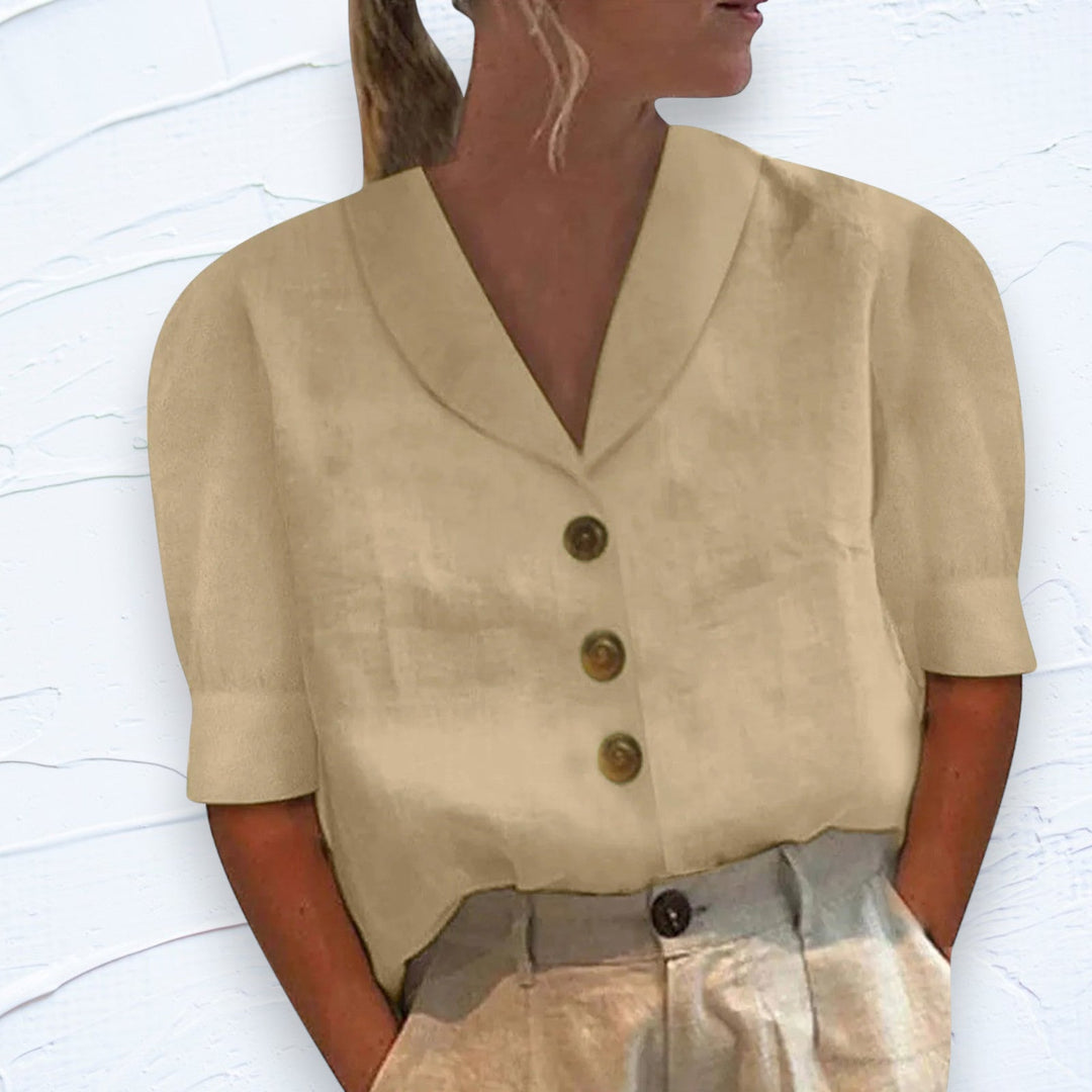 "T-shirt femme élégant en coton et lin, manches courtes, couleur unie, confort et style, disponible en plusieurs teintes."