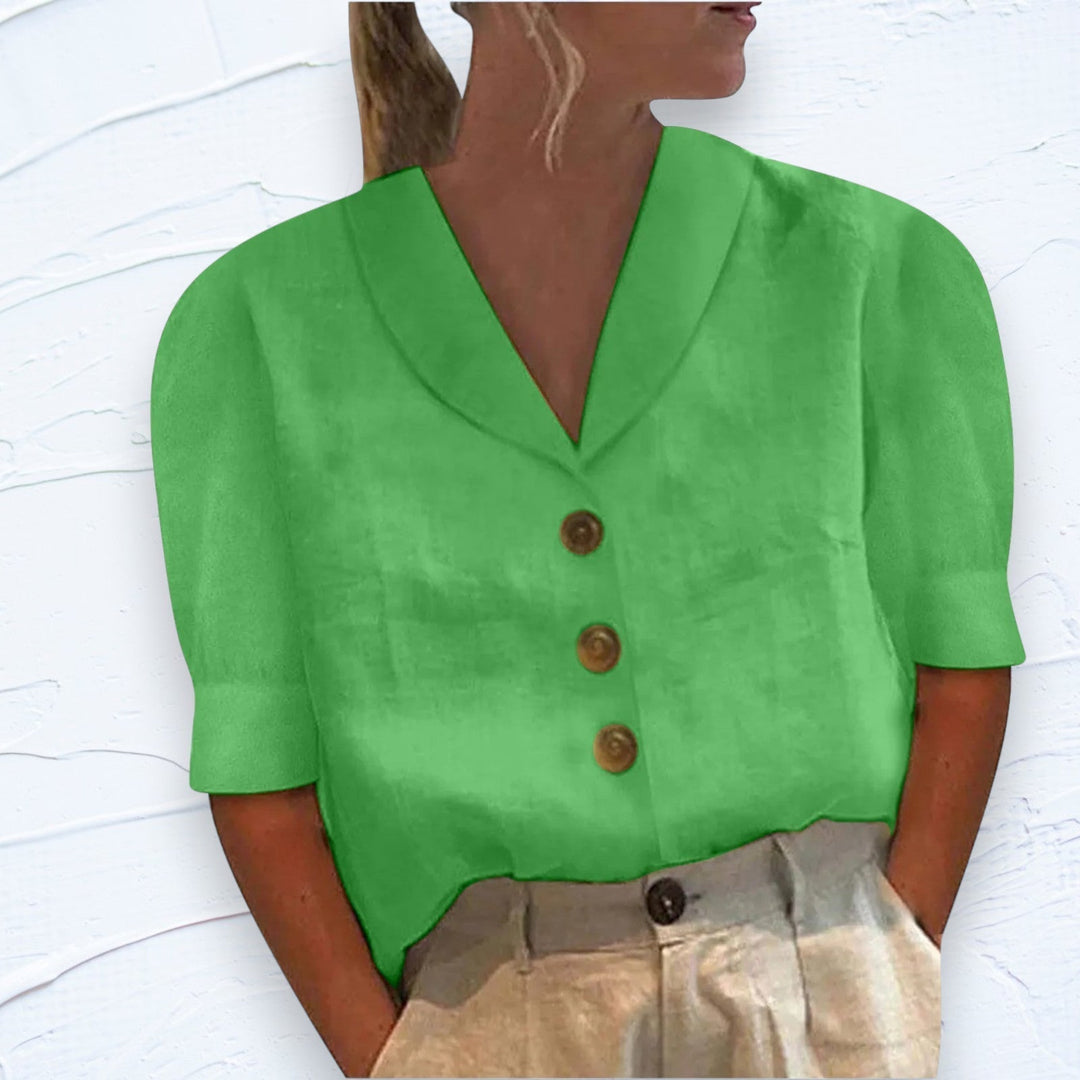 "T-shirt femme élégant en coton et lin, manches courtes, couleur unie, confort et style, disponible en plusieurs teintes."