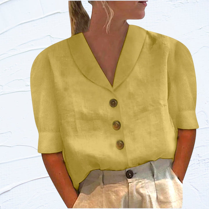 "T-shirt femme élégant en coton et lin, manches courtes, couleur unie, confort et style, disponible en plusieurs teintes."