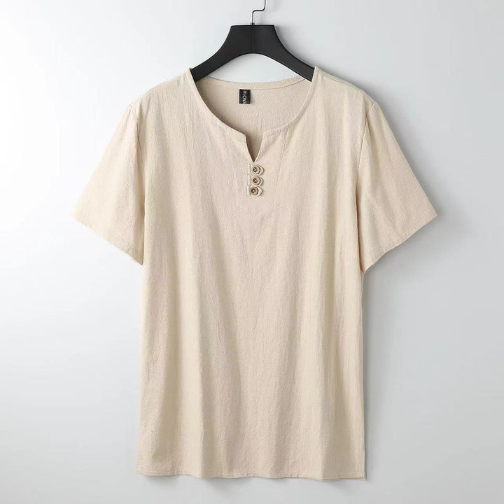 Décontracté T-shirt Henley pour homme, col à boutons, style polyvalent pour les vacances et l'été.