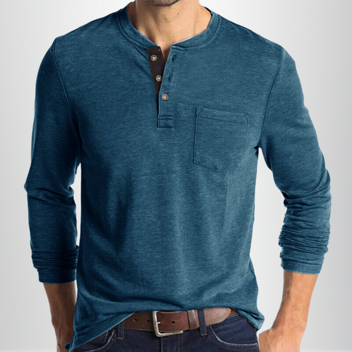 T-shirt Henley homme manches longues, col 3 boutons, style classique et décontracté. Confort quotidien essentiel.