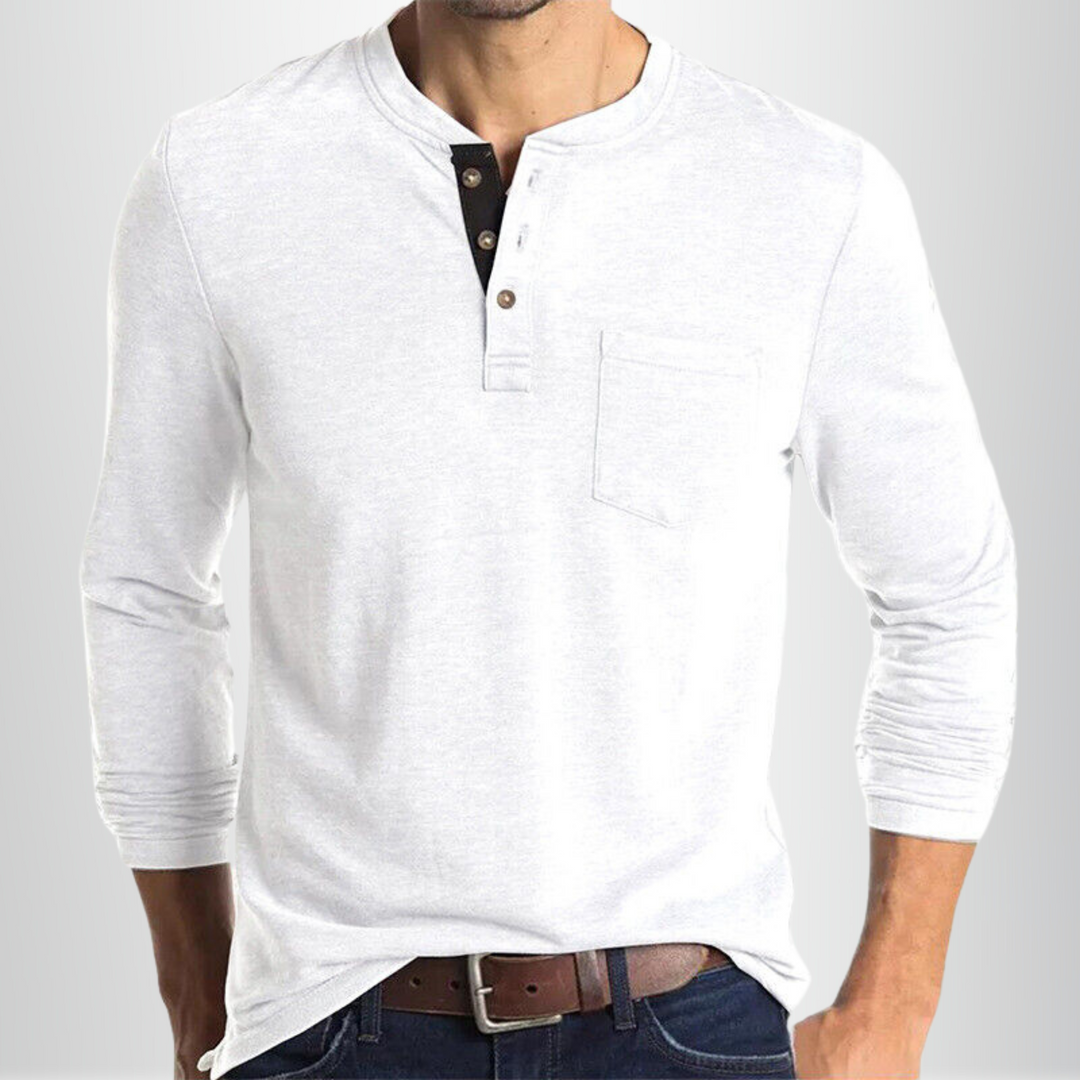 T-shirt Henley homme à manches longues, tissu doux et respirant, idéal pour un look décontracté moderne.