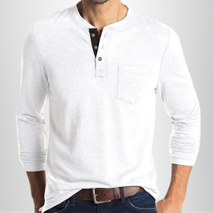 T-shirt Henley homme à manches longues, tissu doux et respirant, idéal pour un look décontracté moderne.