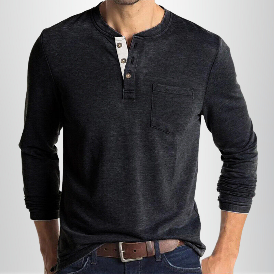T-shirt Henley homme manches longues, couleur unie, coupe confortable. Essentiel de la mode masculine décontractée.