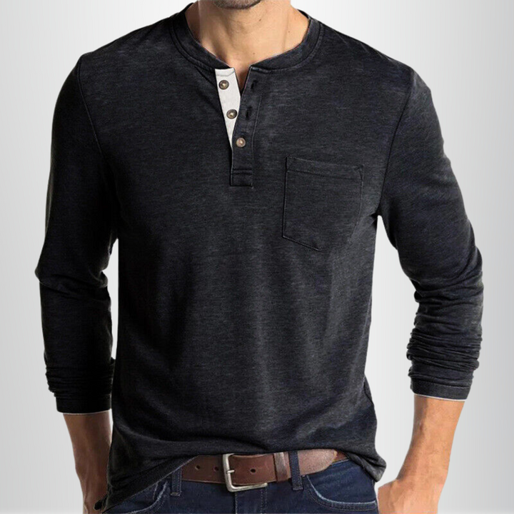 T-shirt Henley homme manches longues, couleur unie, coupe confortable. Essentiel de la mode masculine décontractée.