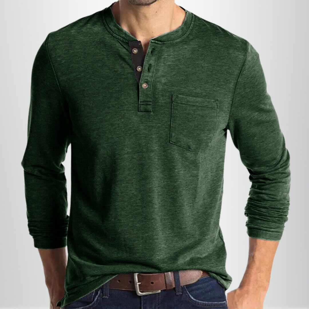 T-shirt Henley homme à manches longues, vêtement confortable et stylé, indispensable pour le quotidien.