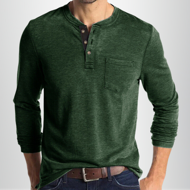 T-shirt Henley homme à manches longues, vêtement confortable et stylé, indispensable pour le quotidien.