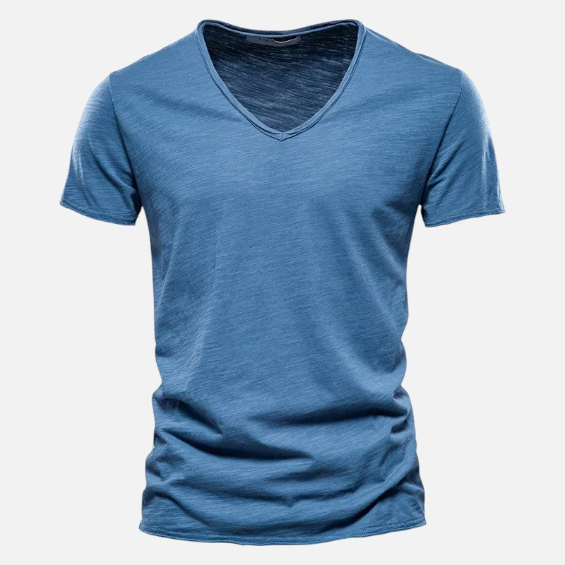 T-shirt homme coton col V, manches courtes, doux, respirant, style moderne et confortable, idéal toute occasion.