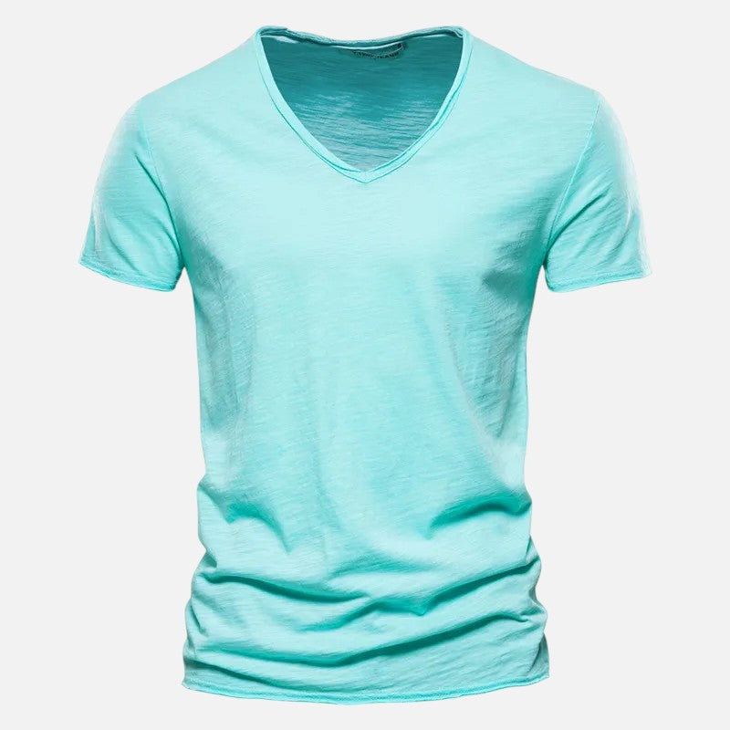 T-shirt homme coton col V, manches courtes, doux, respirant, style moderne et confortable, idéal toute occasion.