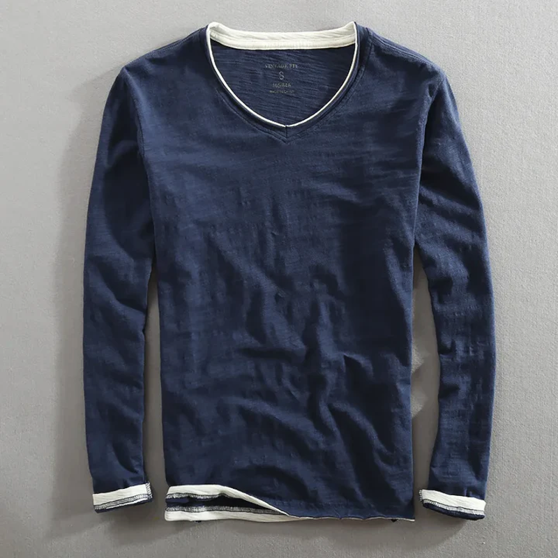 T-shirt homme noir manches longues col V, style décontracté et confortable pour le quotidien.