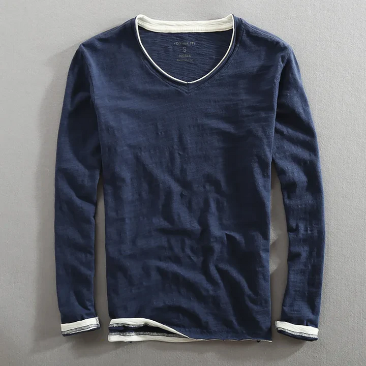 T-shirt homme noir manches longues col V, style décontracté et confortable pour le quotidien.