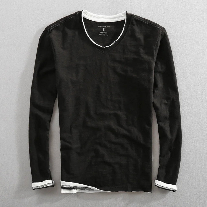 T-shirt homme basique manches longues col V, disponible en noir, blanc, bleu marine, vêtement polyvalent.