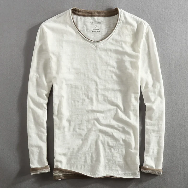 Haut homme essentiel manches longues col V, décontracté et mode, parfait pour un style quotidien élégant.
