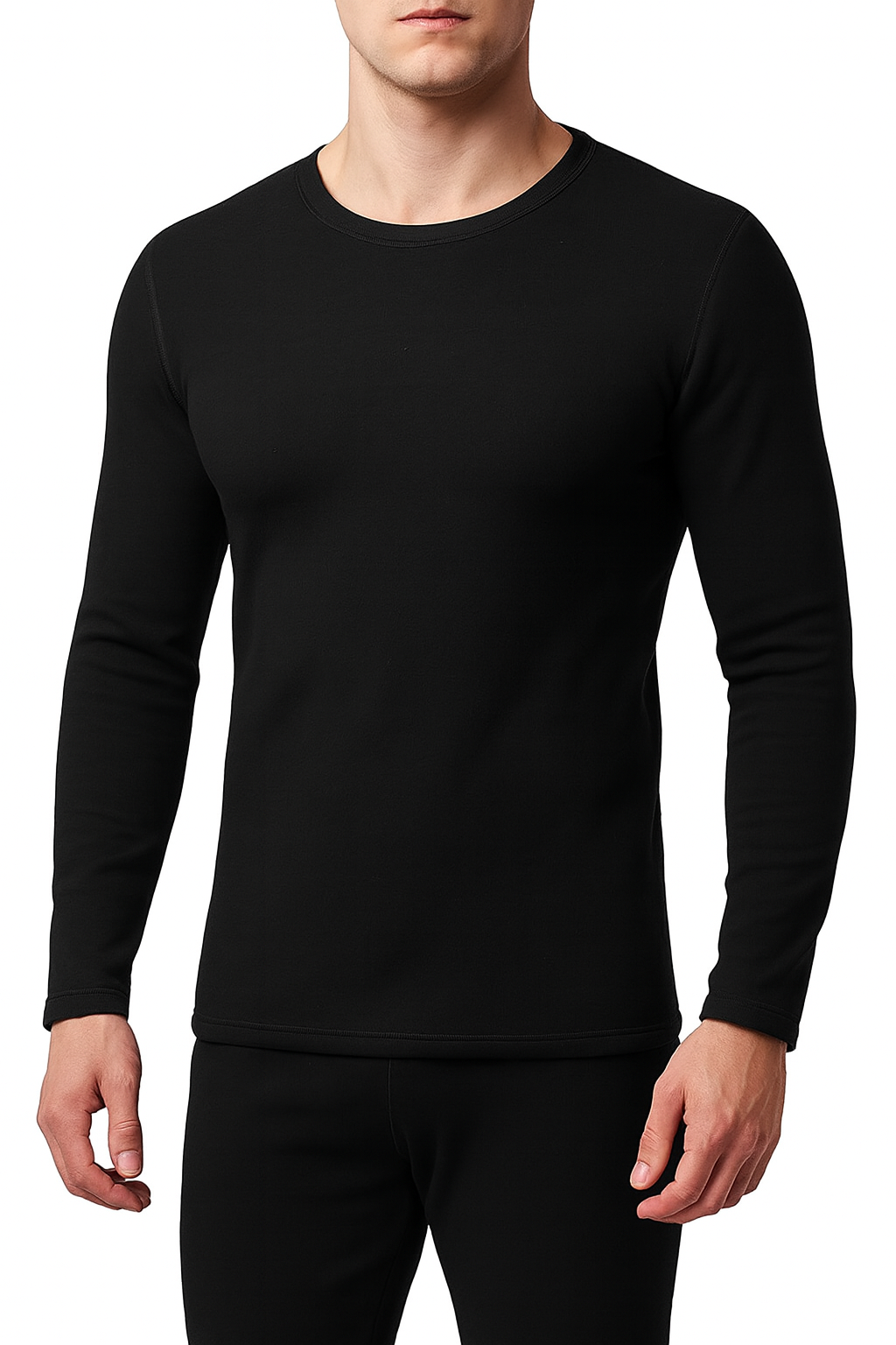 T-shirt noir homme ajusté, couche de base thermique manches longues pour sport d'hiver et protection froid.