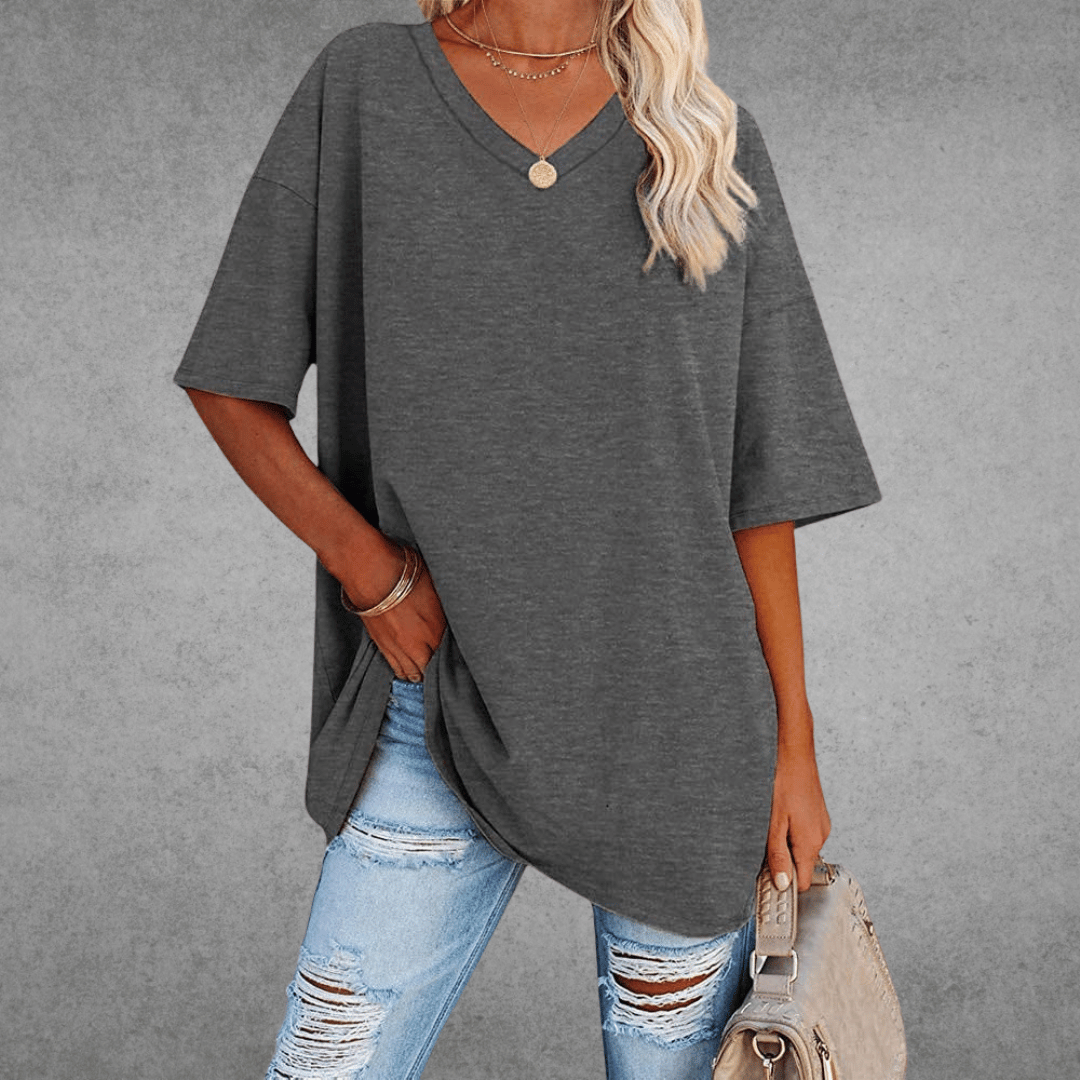 T-shirt femme décontracté oversize, col V, idéal pour le confort quotidien et la mode d'été.