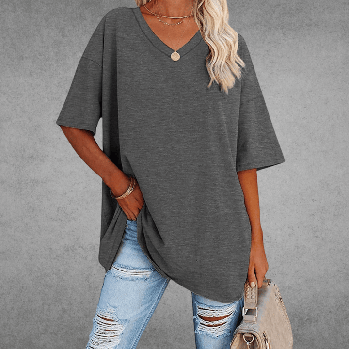 T-shirt femme décontracté oversize, col V, idéal pour le confort quotidien et la mode d'été.