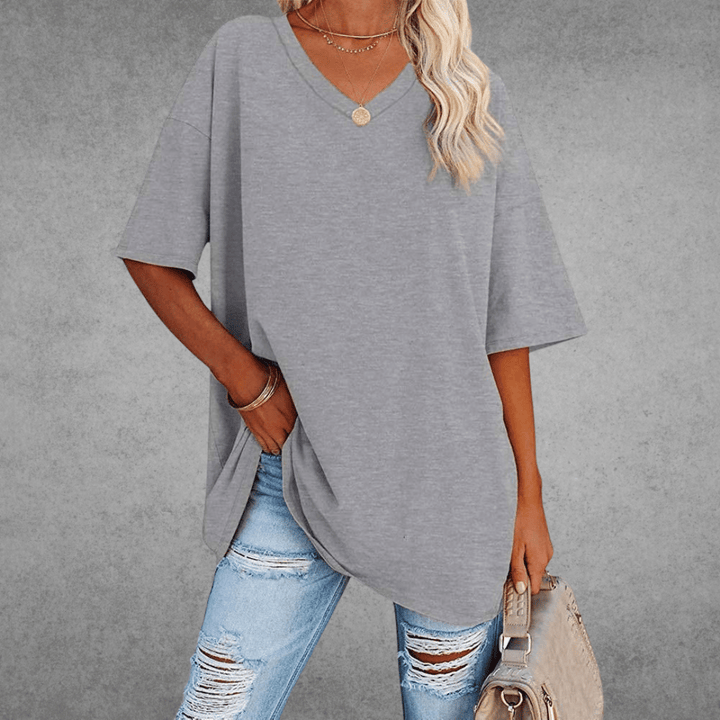Tunique ample femme, t-shirt oversize à col V, style décontracté pour un été confortable.