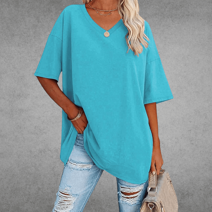 T-shirt décontracté femme, tissu doux, coupe oversize et col V pour un confort optimal.