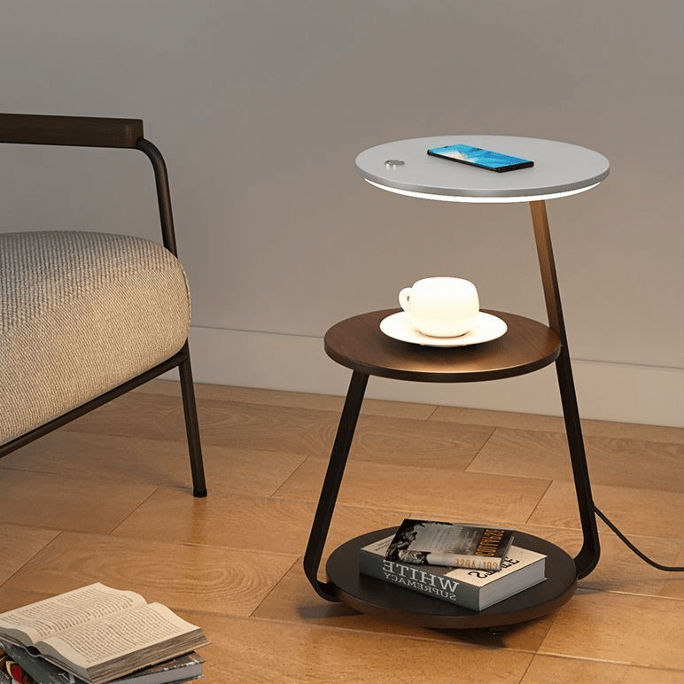Table d'appoint double niveaux, design moderne, bois et acier, fonctionnelle pour salon, rangement pratique et esthétique.