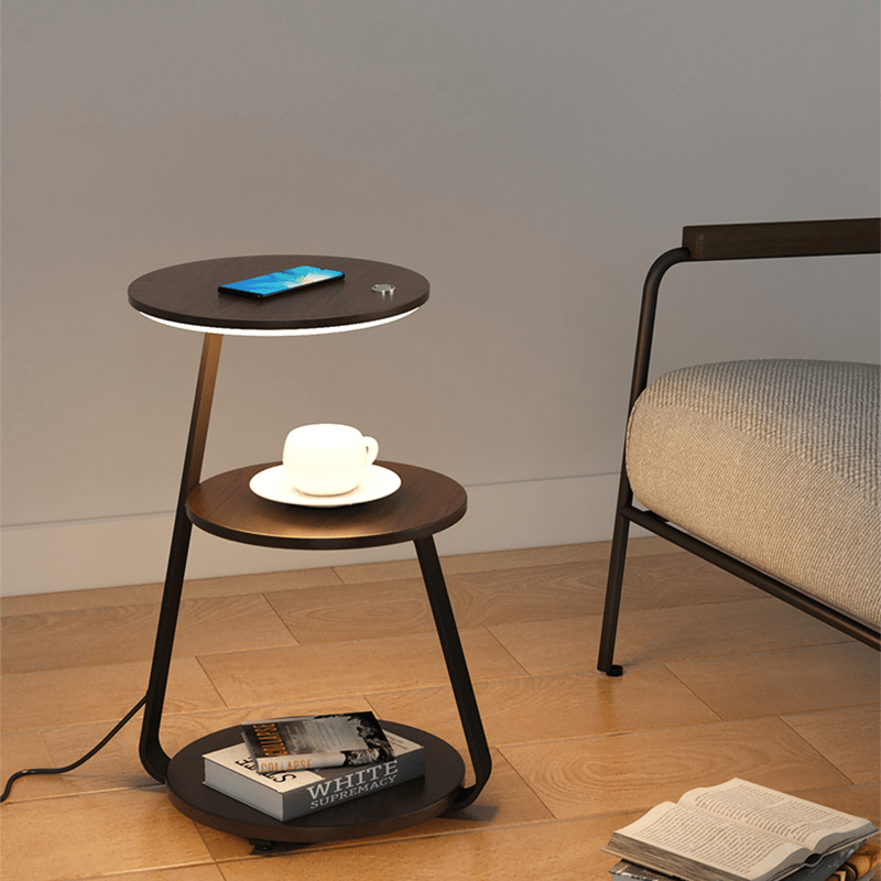 Table d'appoint double niveaux, design moderne, bois et acier, fonctionnelle pour salon, rangement pratique et esthétique.