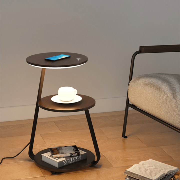 Table d'appoint double niveaux, design moderne, bois et acier, fonctionnelle pour salon, rangement pratique et esthétique.
