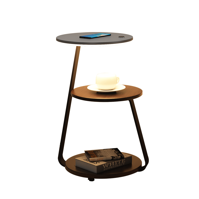 Table d'appoint double niveaux, design moderne, bois et acier, fonctionnelle pour salon, rangement pratique et esthétique.