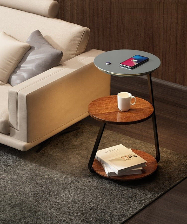 Table d'appoint double niveaux, design moderne, bois et acier, fonctionnelle pour salon, rangement pratique et esthétique.