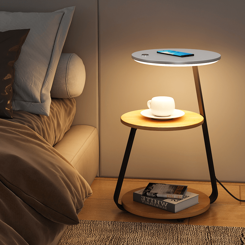 Table d'appoint double niveaux, design moderne, bois et acier, fonctionnelle pour salon, rangement pratique et esthétique.